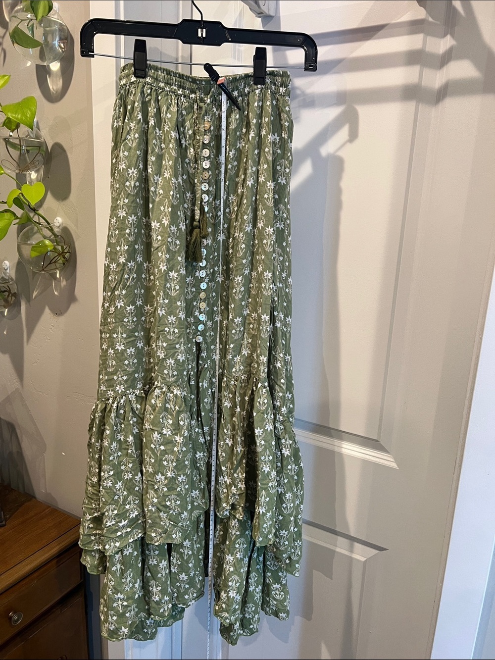 Women's Green Floral Tiered Button-Front Skirt